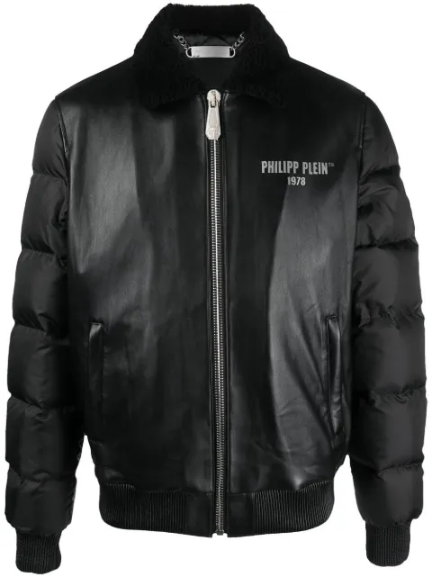 Philipp Plein logo-print padded leather jacket Black LABCMLB1024PLE010N