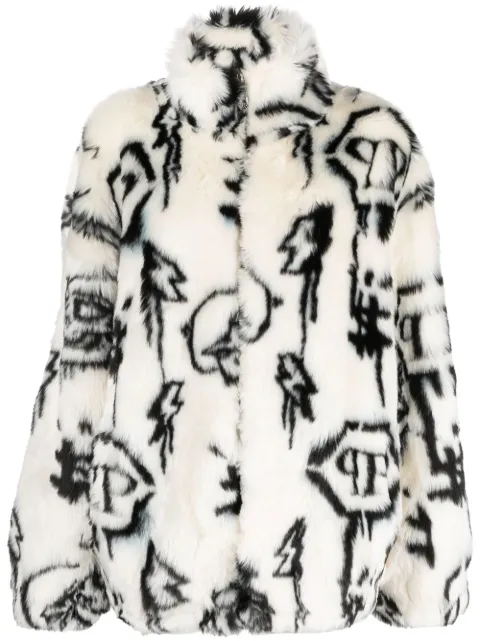 Philipp Plein monogram-print faux fur coat White LABCWRB0904PTE003N