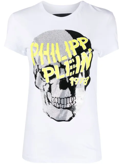 Philipp Plein skull-strass v-neck T-shirt White LABCWTK1914PTE003N