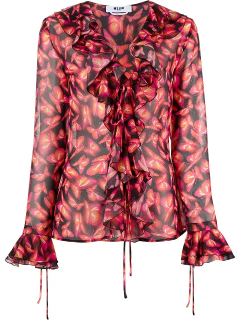 MSGM graphic-print ruffle-detail blouse Black 3341MDE05227659