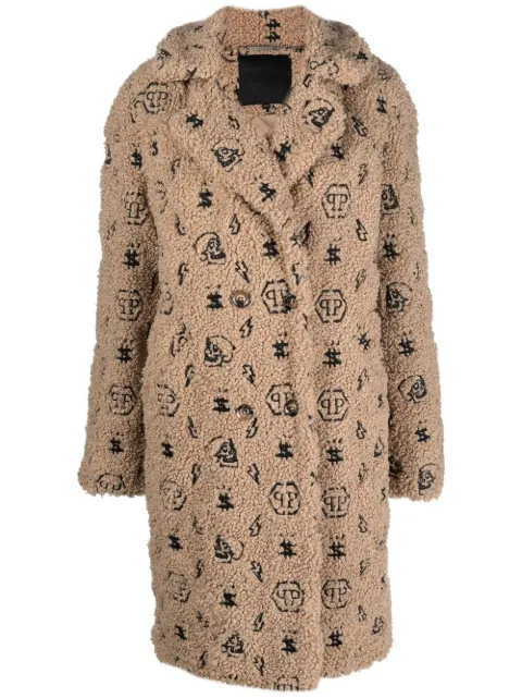 Philipp Plein faux-fur embroidered-monogram coat Neutrals LABCWRA0472PTE003N