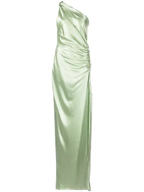 Michelle Mason gathered-detail one-shoulder silk gown Green M9320B