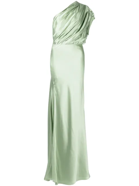 Michelle Mason side-slit one-shoulder gown Green M9305