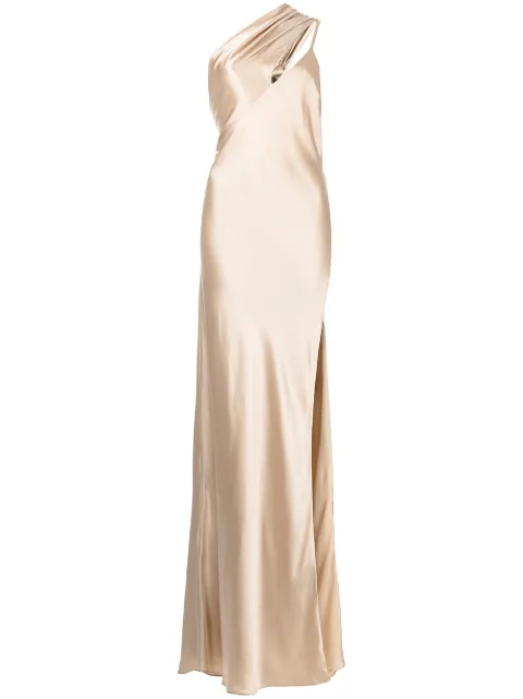 Michelle Mason side-slit one-shoulder gown Gold M9159