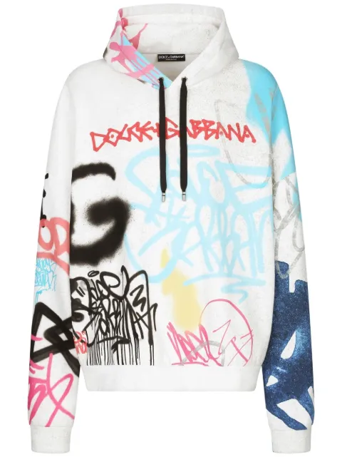 Dolce & Gabbana graffiti-print cotton-blend hoodie White G9YV3THI7Y2