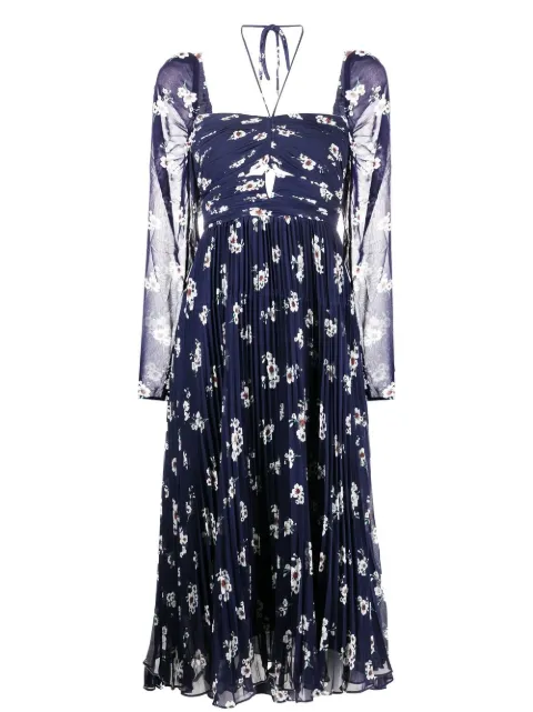 Self-Portrait pansy-print pleated midi dress Blue PF22024M