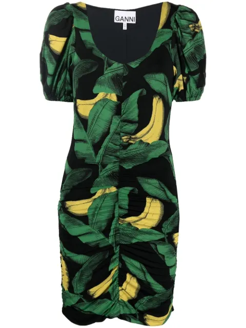GANNI banana-print puff-sleeve dress Black T3216