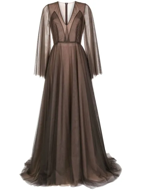 Costarellos sheer-panel evening gown Brown PR2233