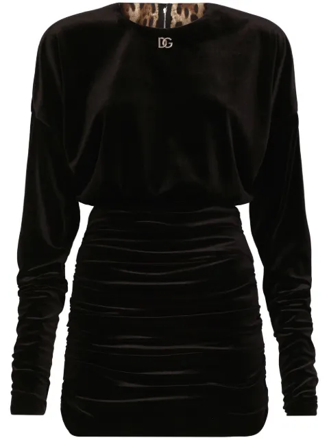 Dolce & Gabbana short draped velvet dress with DG logo Black F6Z9VTFUWEG