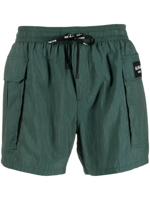 Balmain logo-patch drawstring swim shorts Green BWB780570