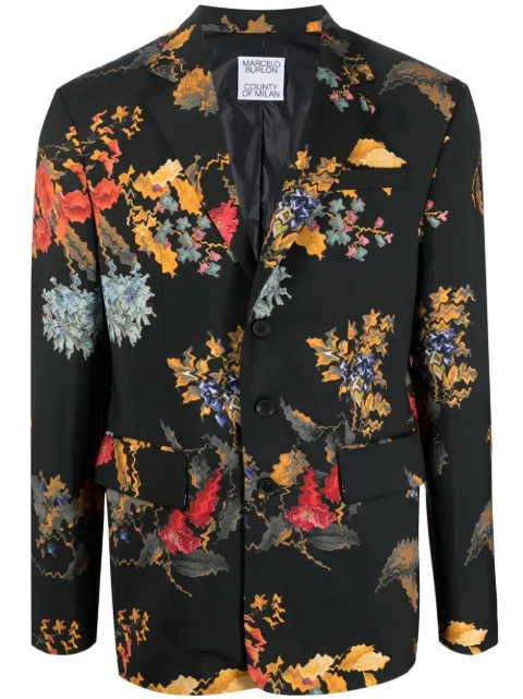 COUNTY OF MILAN floral-print single-breasted blazer Black CMEN011F22FAB0011016