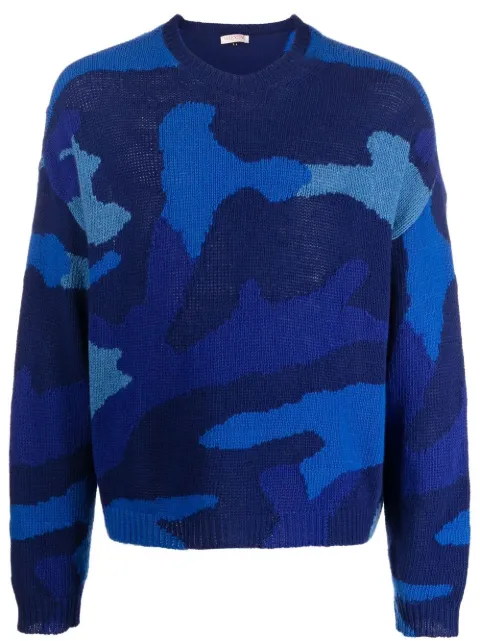 Valentino Garavani camouflage-motif intarsia-knit jumper Blue VKC22I8PQ