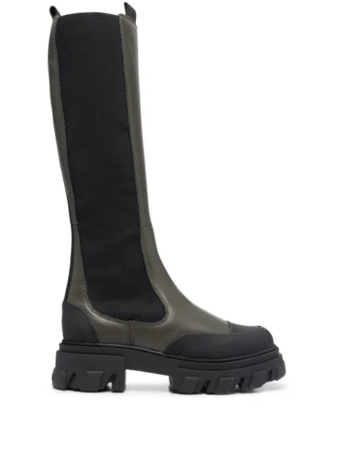 GANNI knee-high chunky leather chelsea boots Green S1903