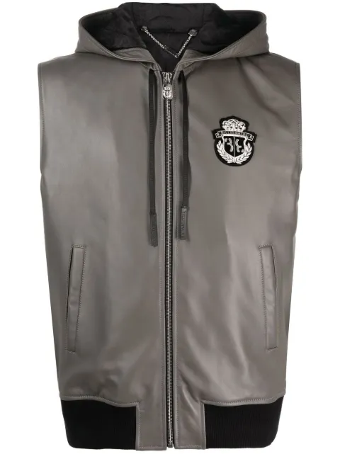 Billionaire sleeveless hooded leather zip vest Grey WABCMLC0043BLE001N