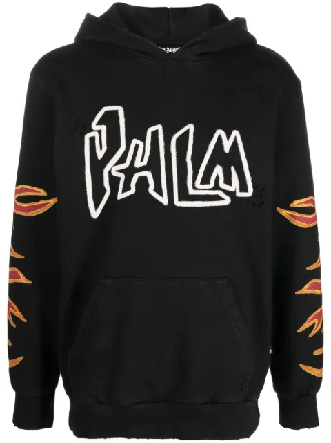 Palm Angels flame-print cotton hoodie Black PMBB117F22FLE0021001