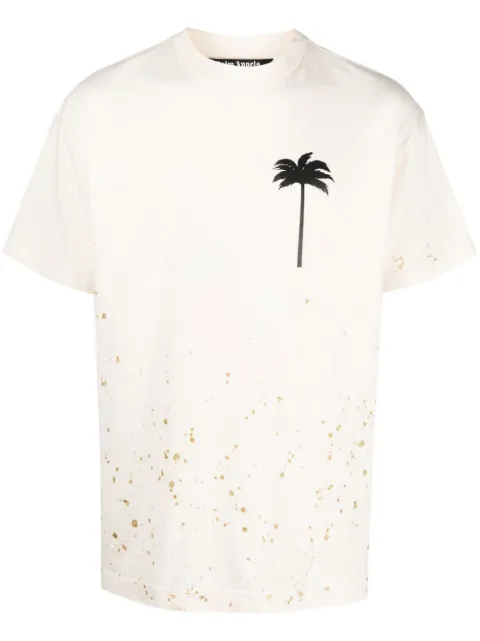 Palm Angels splatter-effect logo-print T-shirt Neutrals PMAA001F22JER0040410