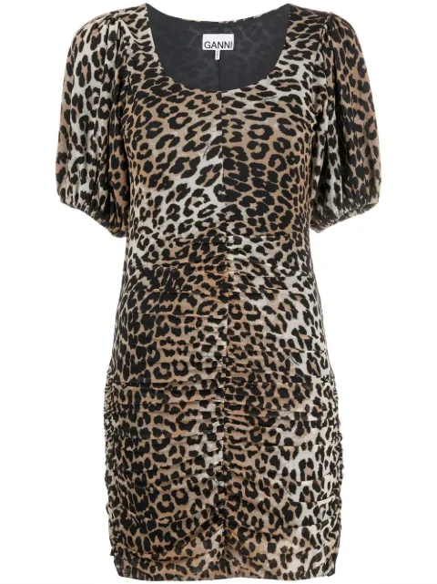 GANNI leopard-print ruched mini dress Brown T3252