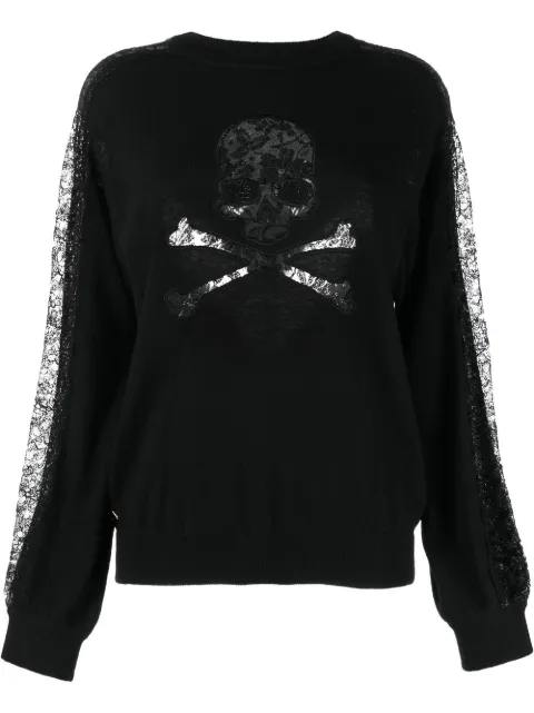 Philipp Plein lace-panelling skull-print sweatshirt Black AABCWKO0501PKN002N