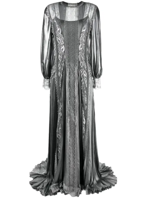Alberta Ferretti metallic jacquard lace cuff gown Silver A04065128