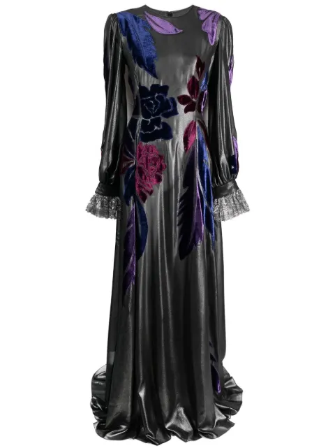 Alberta Ferretti floral appliqué lace cuff gown Grey A04205128