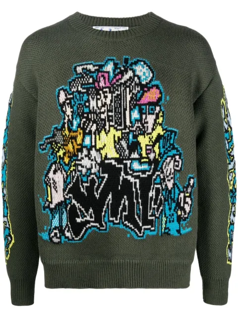 Off-White intarsia-knit long-sleeve jumper Green OMHE136F22KNI0015684