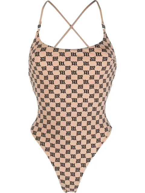 MISBHV criss-cross monogram-print swimsuit Neutrals 022W650