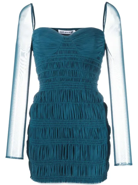 Self-Portrait gathered-detail long-sleeve dress Blue PF22096