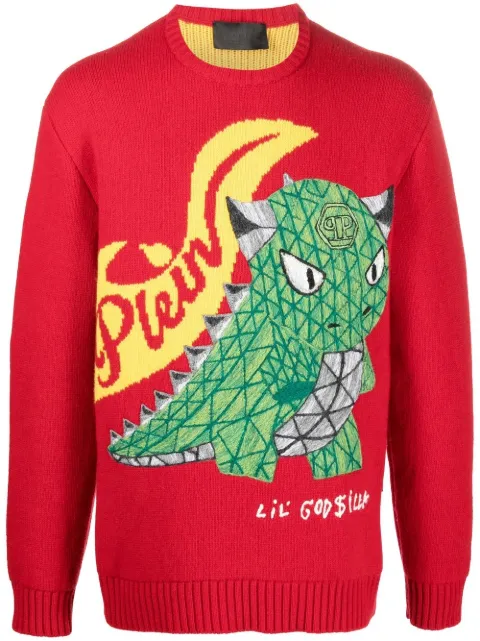 Philipp Plein dinosaur-motif jumper Red AABCMKO1189PKN002N