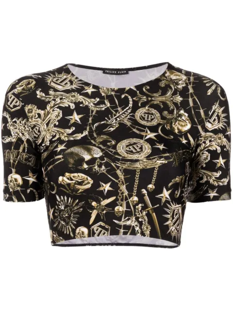 Philipp Plein graphic-print cropped T-shirt Black FABCWRK0440PJY002N