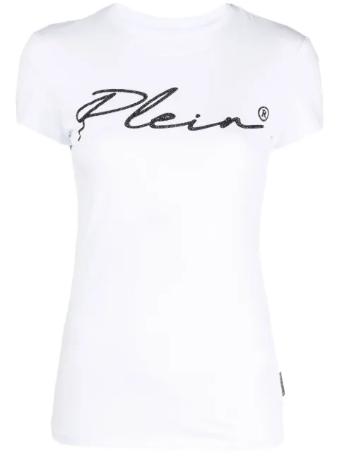 Philipp Plein script logo crystal-embellished T-shirt White FABCWTK2525PJY002N
