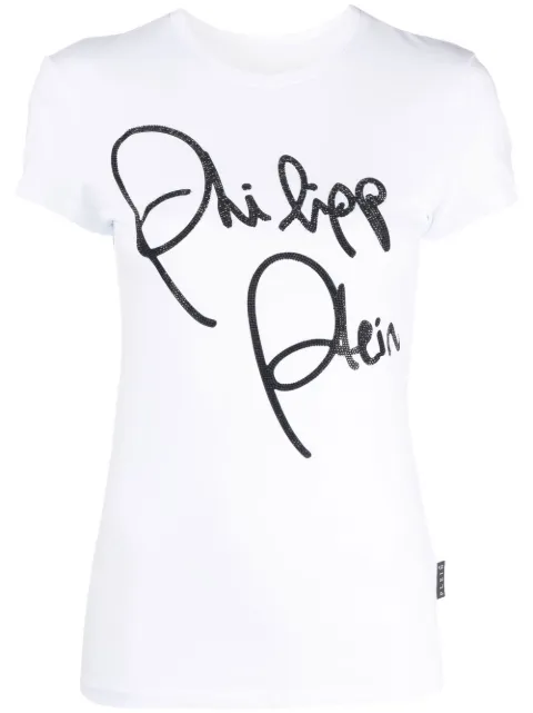 Philipp Plein crystal-embellished script T-shirt White FABCWTK2534PJY002N