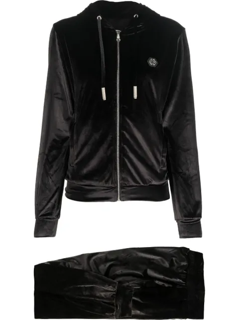 Philipp Plein logo-patch velvet-cotton trousers Black FABCWJJ0102PTE003N