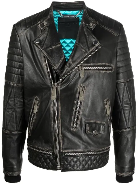 Philipp Plein logo-plaque leather biker jacket Black FABCMLB1560PLE010N