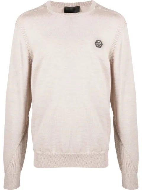 Philipp Plein logo patch merino wool jumper Neutrals FABCMKO1136PKN002N
