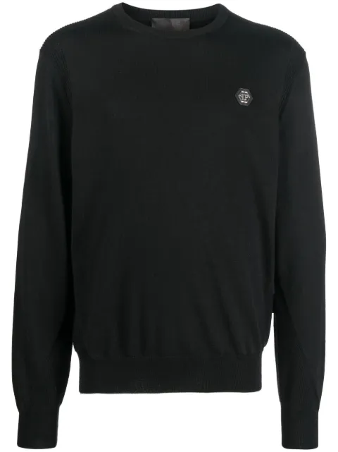 Philipp Plein logo patch merino wool jumper Black FABCMKO1136PKN002N