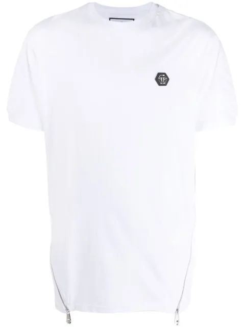 Philipp Plein logo-patch zipped T-shirt White FABCMTK5606PJY002N