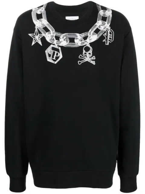 Philipp Plein chain link-print crew neck sweater Black FABCMJO0886PJY002N