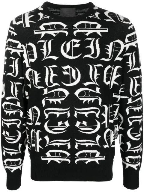 Philipp Plein logo-embroidered crew neck sweater Black FABCMKO1151PKN002N
