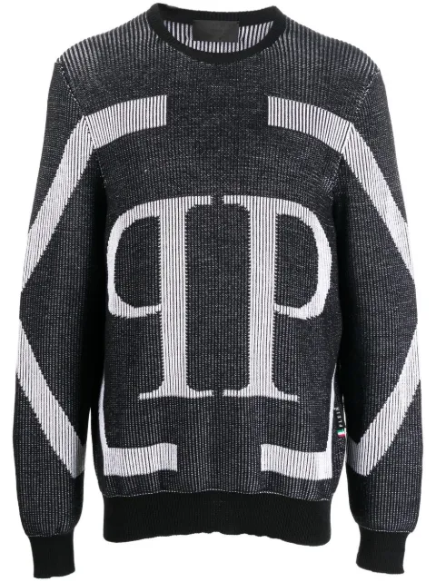Philipp Plein logo intarsia merino wool jumper Black FABCMKO1142PKN002N
