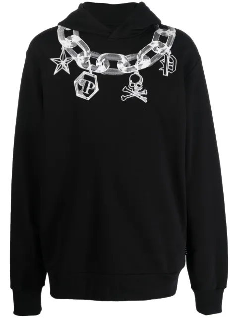 Philipp Plein chain print cotton hoodie Black FABCMJB2719PJY002N