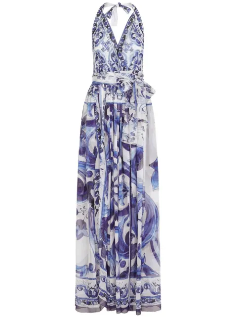 Dolce & Gabbana Majolica-print chiffon maxi dress White F6ALPTHI1BX