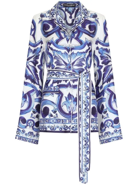 Dolce & Gabbana Majolica-print silk pajama shirt Blue F5N53THI1BB