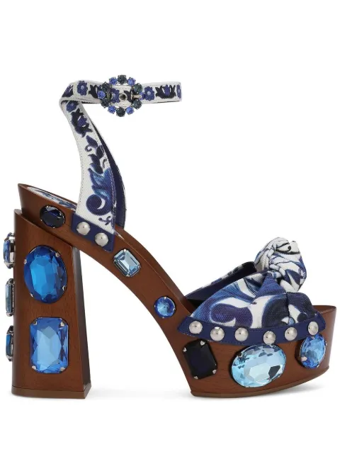 Dolce & Gabbana Majolica-print embellished wedge sandals Blue CV0060AB622