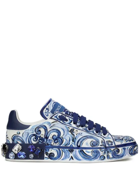 Dolce & Gabbana Portofino Majolica-print leather sneakers Blue CK1544AD466