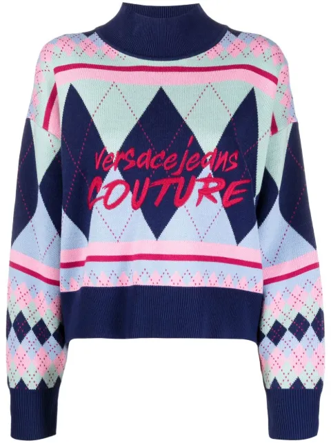 Versace Jeans Couture argyle-knit logo-embroidered jumper Blue 73HAFM01CM13NMC2