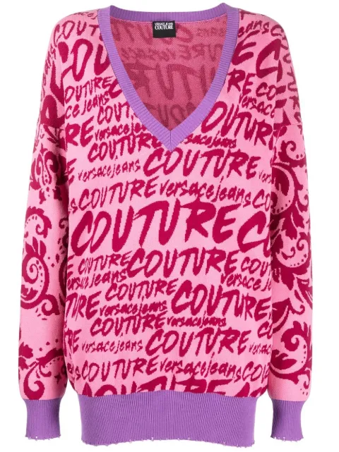 Versace Jeans Couture logo-intarsia V-neck jumper Pink 73HAFM16CM03G