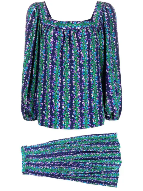 Saint Laurent Pre-Owned 1970s floral-print silk blouse-skirt set Blue YVSA1500S