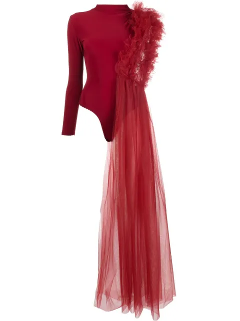 Alchemy x Lia Aram ruched one-shoulder tulle jersey top Red LIA489