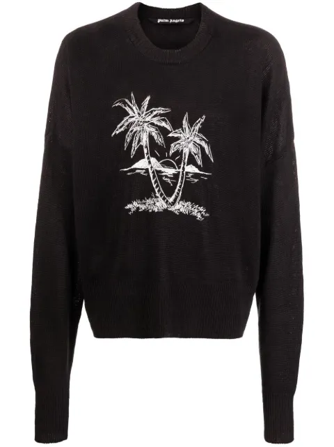 Palm Angels Palm Tree-print linen jumper Black PMHE036S22KNI0031001