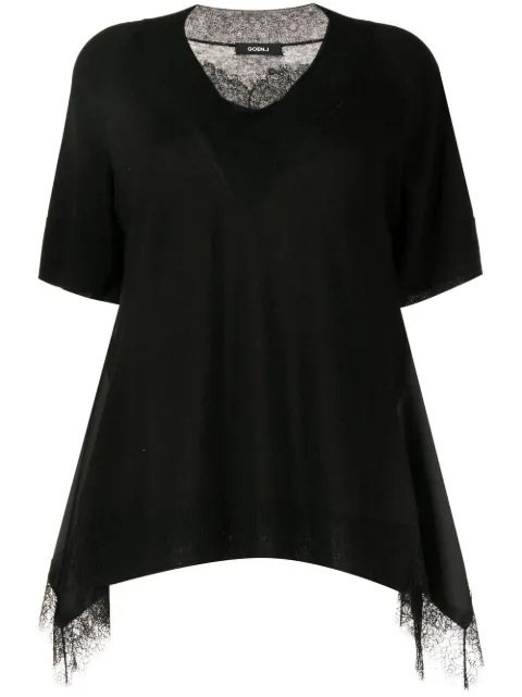 Goen.J lace-trim V-neck T-shirt Black GNJ22SSKN03